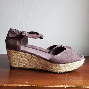 Tom's gray espadrille style low wedge sandal.
